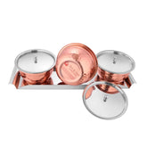 High Grade Stainless Steel Miska Copper Hammered Serving Bowl Set With Stainless Steel Lid & Tray - 4 Pieces | 3 Serving Bowl, 650ml Each + 1 Tray